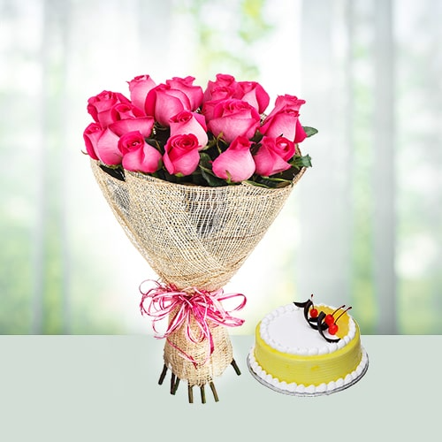 12 Pink Roses N Pineapple Cake