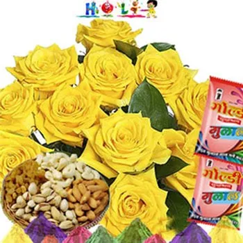 Holi Gifts- Yellow Roses N Dryfruits