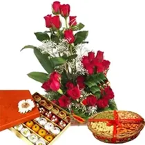Janmashtami Wishes with Flowers Dryfruits and Sweets