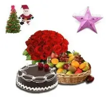 24 Pcs Red Rose Bouquet,1 kg Chocolate cake,4 kg Fruit Basket
