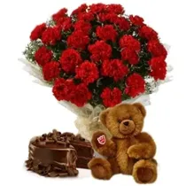30 Red Carnations with 1 Lb Chocolate Cake and 6 inch Teddy Bear For Valentine Day