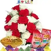 Holi Gift-Red N White Rose with Dryfruits