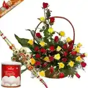 Rakhi With 20 Mix Roses Basket with Rasgulla Sweets