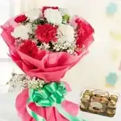 Red N white Carnations with Chocolates