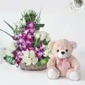 White Roses and Orchids in Cane Basket