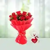 Bunch of 12 red roses and a cute 6 inch teddy