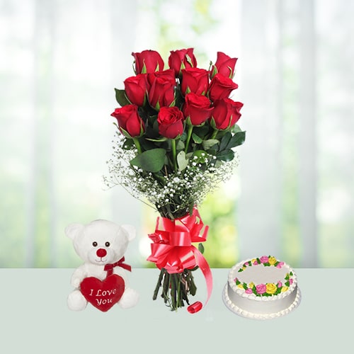 12 Red Roses bouquet with 1 kg Pineapple cake and a Teddy