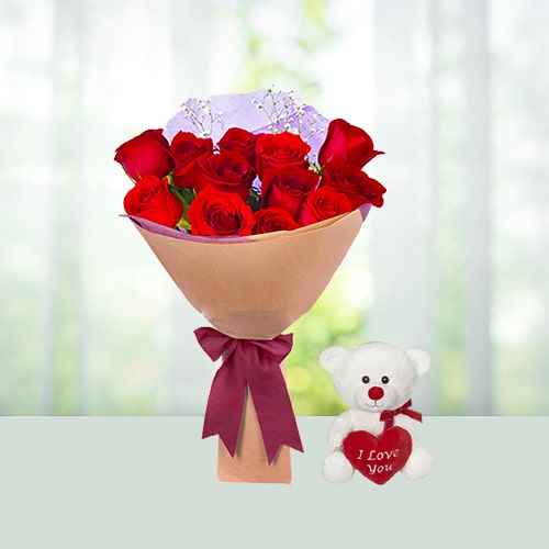 12 Red Roses Bouquet with 6 inch Teddy with Heart 