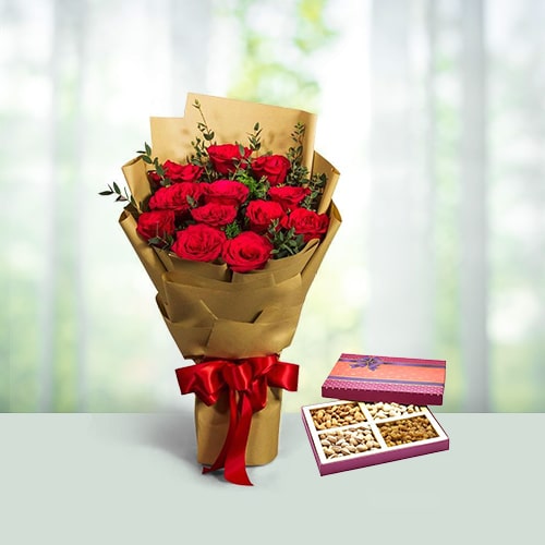 12 Red Roses with Assorted Dry Fruits