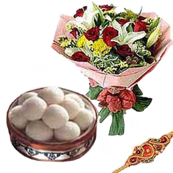 Rakhi with 10 Assorted Flower Flowers Bouquet and Half Kg Rasgulla 