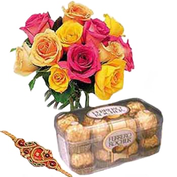 Rakhi with 16 Ferrero Rocher Chocolates and 10 Roses 