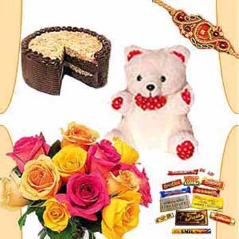 Rakhi Combo - 10 Roses N Half Kg Cake N Teddy N Chocolates Free Rakhi