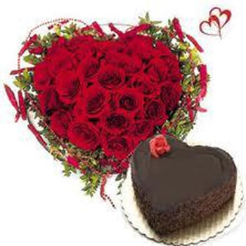 V Day - Heart Shape 25 Roses and Choco Cake