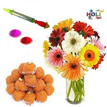 Holi Gifts- 12 Mix carnation in Vase N Sweets