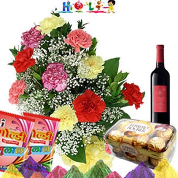 Holi-Wine Hamper with Carnations 