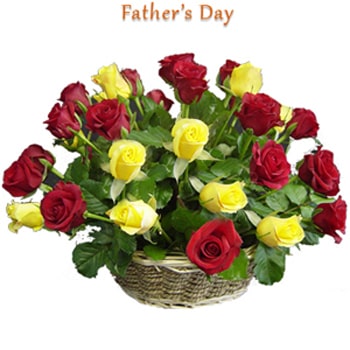 25 red and yellow rose basket 