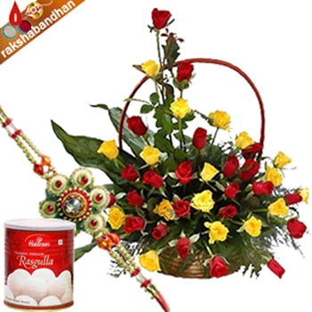 Rakhi-Roses Basket with Rasgulla