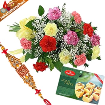 Order Rakhi-Carnations and Soan Papdi Combo Online