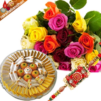 Kaju Sweets with Rakhi and Roses