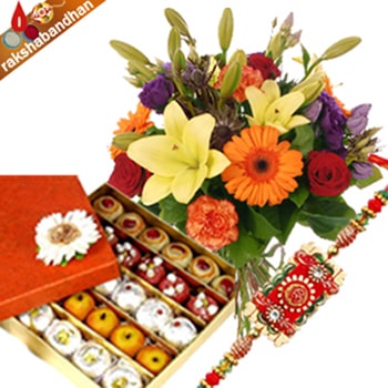 Sweets with Flowers and Rakhi 