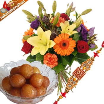 Seasonal Flowers and Jammun with Rakhi
