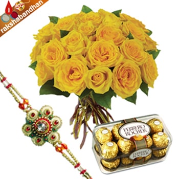 Yellow Roses with Ferrero-Rakhi