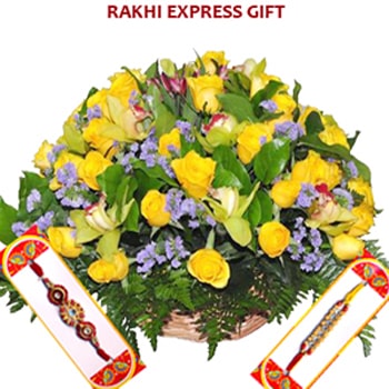 Rakhi with Basket Yellow Roses Sameday