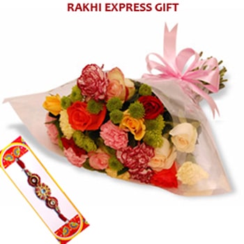 Roses and Carnation Bouquet with Rakhi 