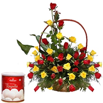 Janmashtami-Roses Basket with Rasgulla