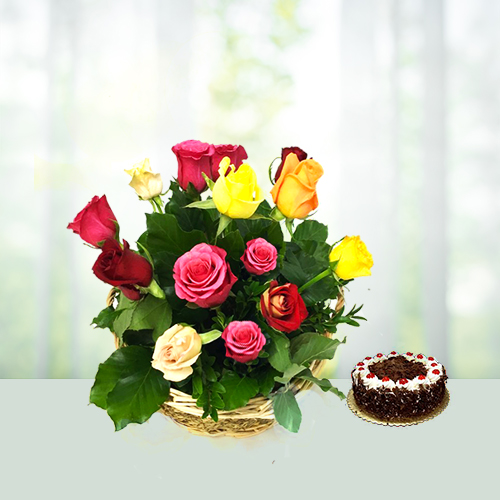 2 KG Blackforest Cake N 14 Roses Basket 