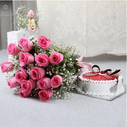 Strawberry Cake N 15 Pink Roses