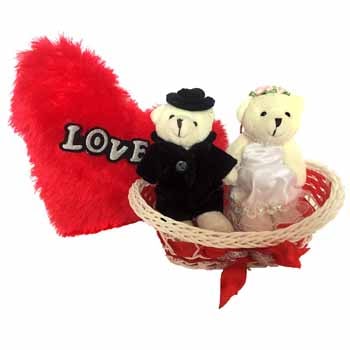 Teddy Couple in a basket with a love cushion