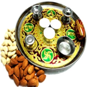 Navratri Steel pooja thali with dry fruits N wax diyas