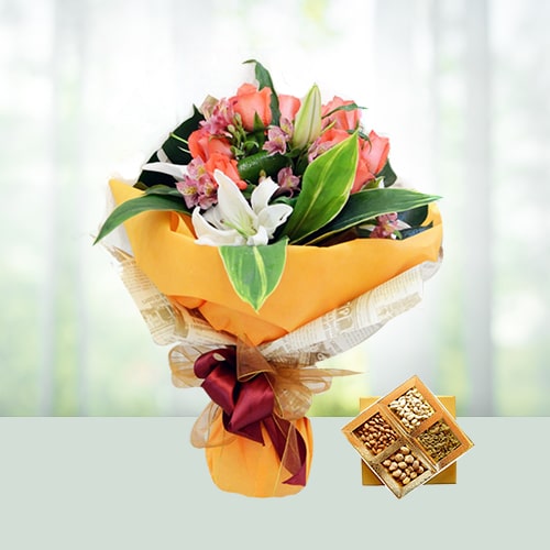 Order Dry Fruits With Mix Flower Bouquet Online