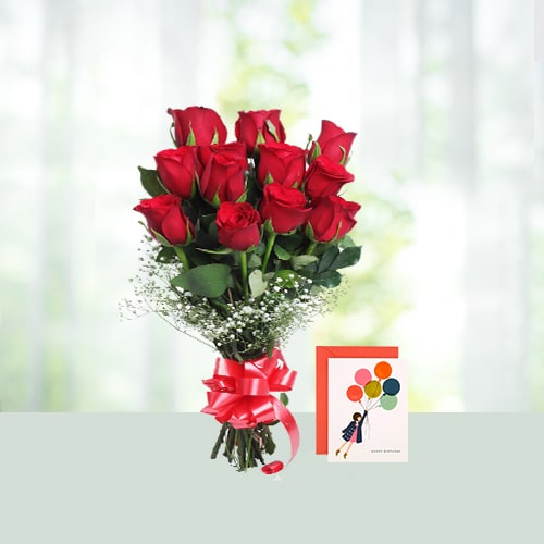 Flowers Bouquet of 10 Red Roses with Card 