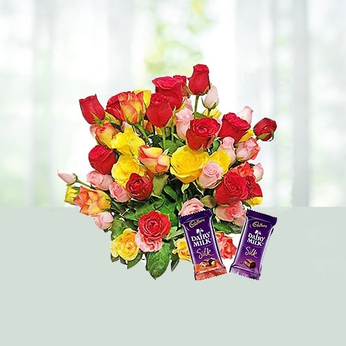 V Day- 40 Mixed Roses Bouquet with Dairy Milk Chocolates