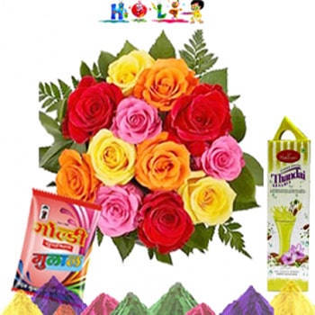 Holi Gift - Flowers Bouquet With Thandai And Gulal Colour 