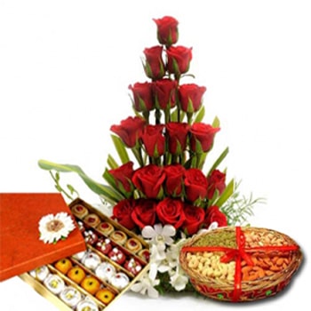 Bihu Wishes with Flowers Dryfruits and Sweets