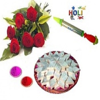 Red Roses Bouquet with Sweets on Holi