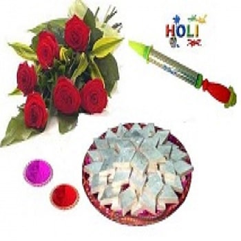 Red Roses Bouquet with Sweets on Holi 