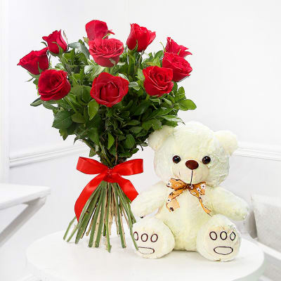 V Day-12 Red Roses Bouquet and 6 inch Teddy