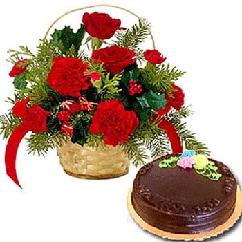V Day- 12 Red Carnations Basket with Chocolate Cake