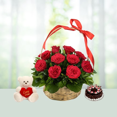 V Day- 18 Red Roses Basket with 1 Lb Black Forest Cake N 6 inch Teddy