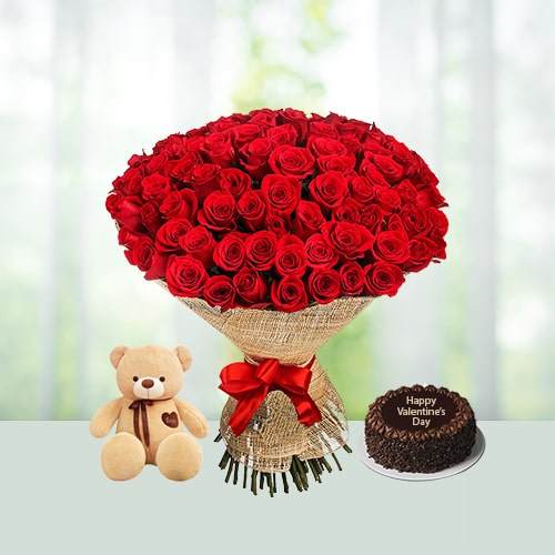 Marvelous Red Rose Bouquet with Black Forest Cake N Teddy to Varanasi, India