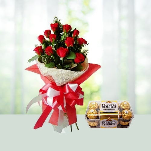 V Day- 12 Roses with 16 Ferrero Rocher Chocolates