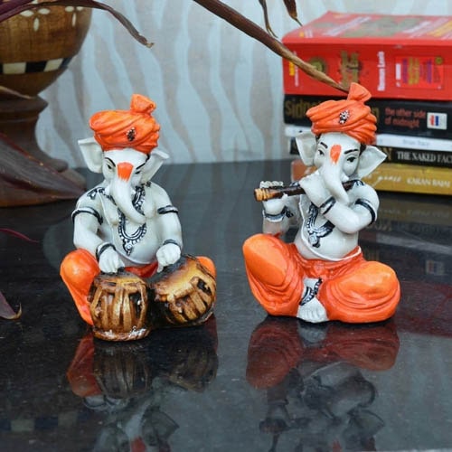 Set of 2 Ganesha Playing Tabla and Flute