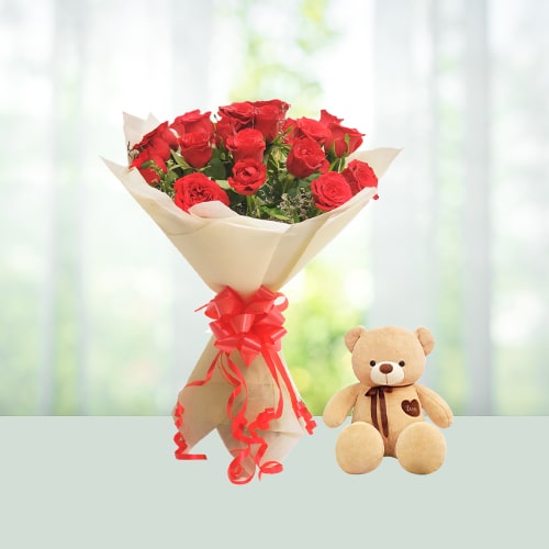 V Day - 15 Red Roses Bouquet N Teddy 