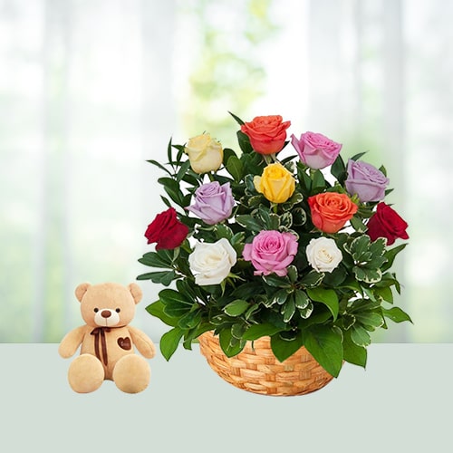 V Day - 12 Mix Roses Bakset N Small Cute Teddy