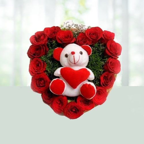 V Day- 25 Heart Shape Bouquet N Teddy Bear