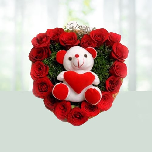 V Day- 25 Heart Shape Bouquet N Teddy Bear 